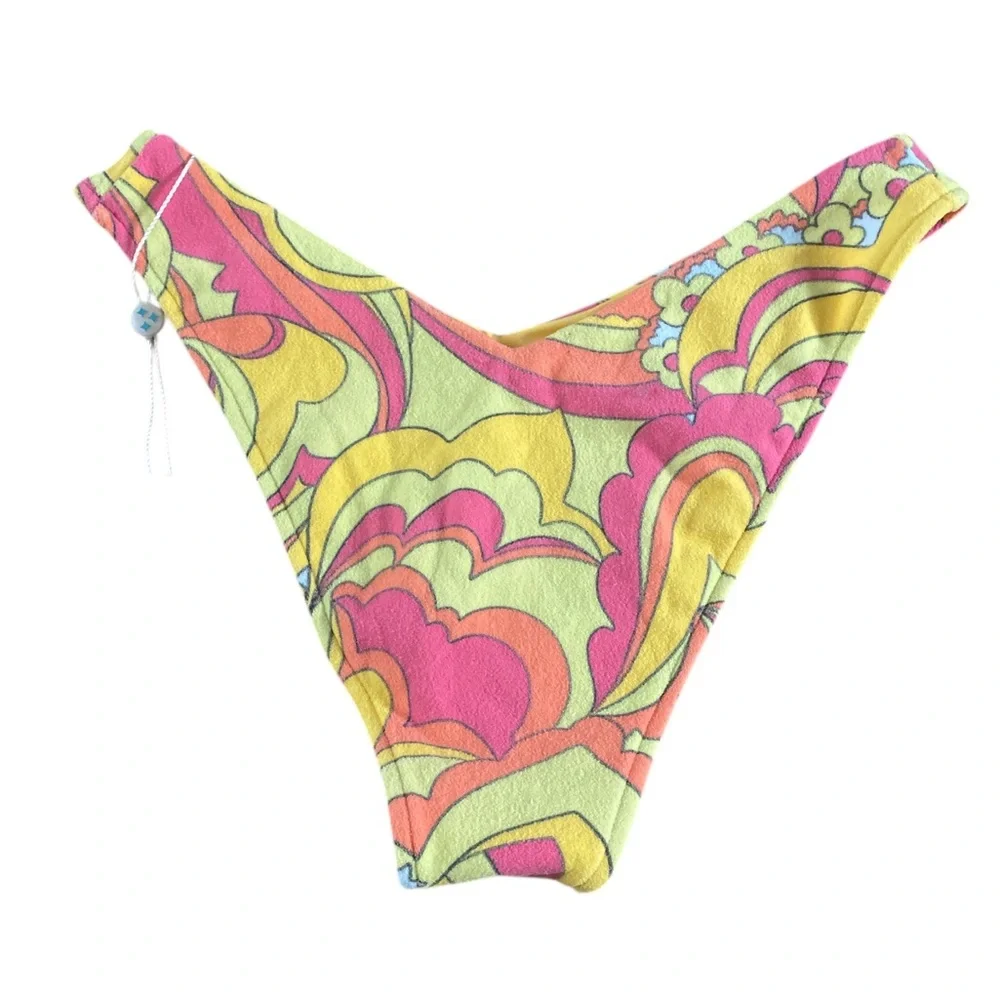 Frankies Bikinis Enzo Terry Pink & Yellow Floral High-Cut Bikini Bottom Size S